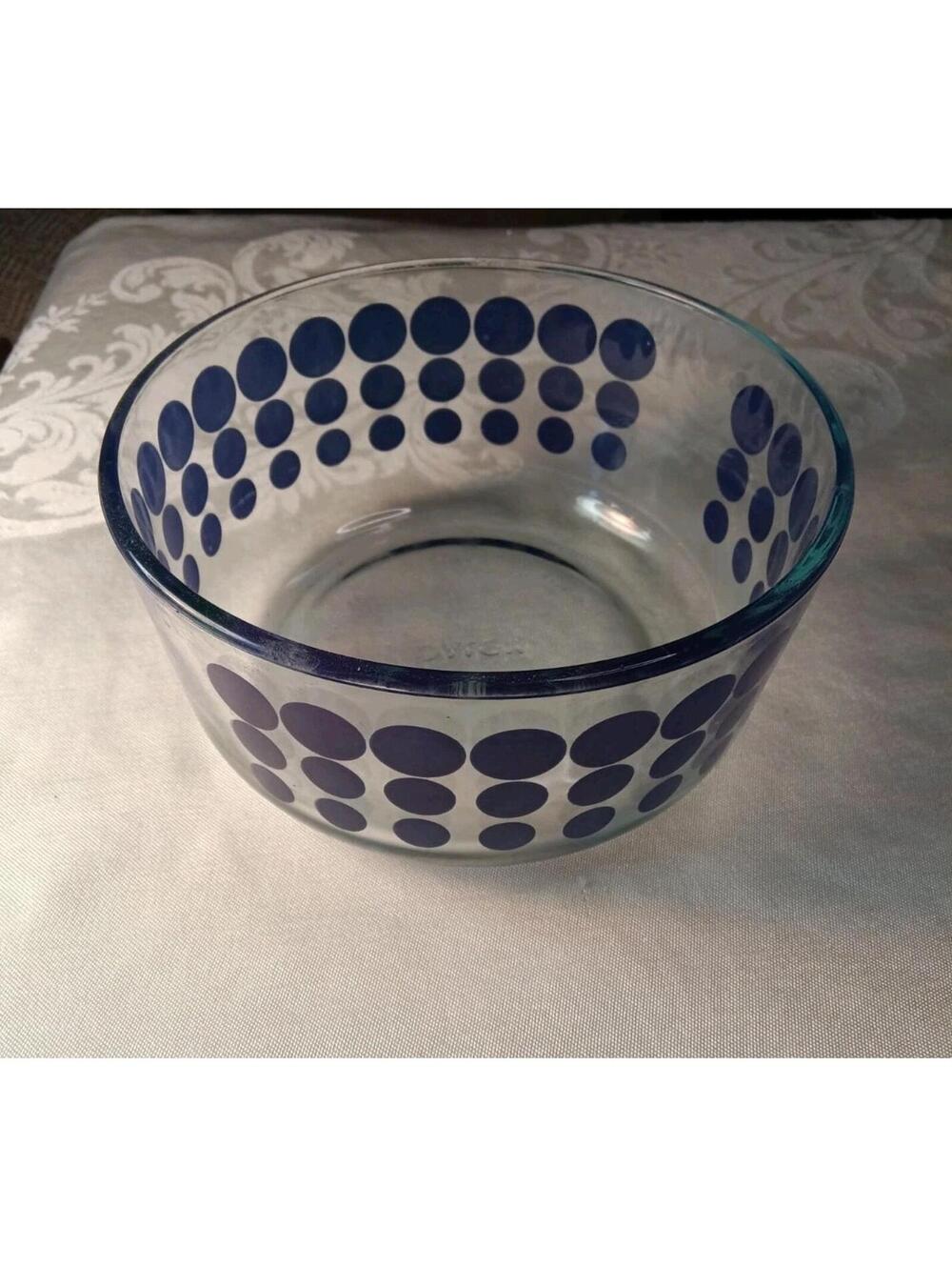 Pyrex Clear Glass Serving Bowl Featuring a Blue Polka Dot design No Lid 7201